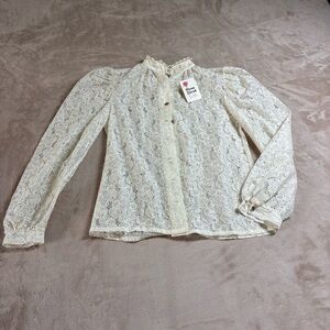 Rose Dirndl Lace Blouse Romantic Puff Sleeve Rose Buttons Fall Women’s Top Sz 6